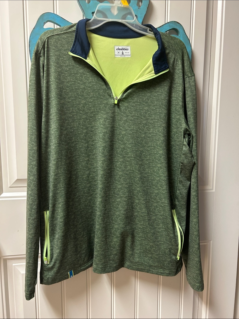 chubbies Olive Heathered Quarter-Zip Pullover with Neon Trim
